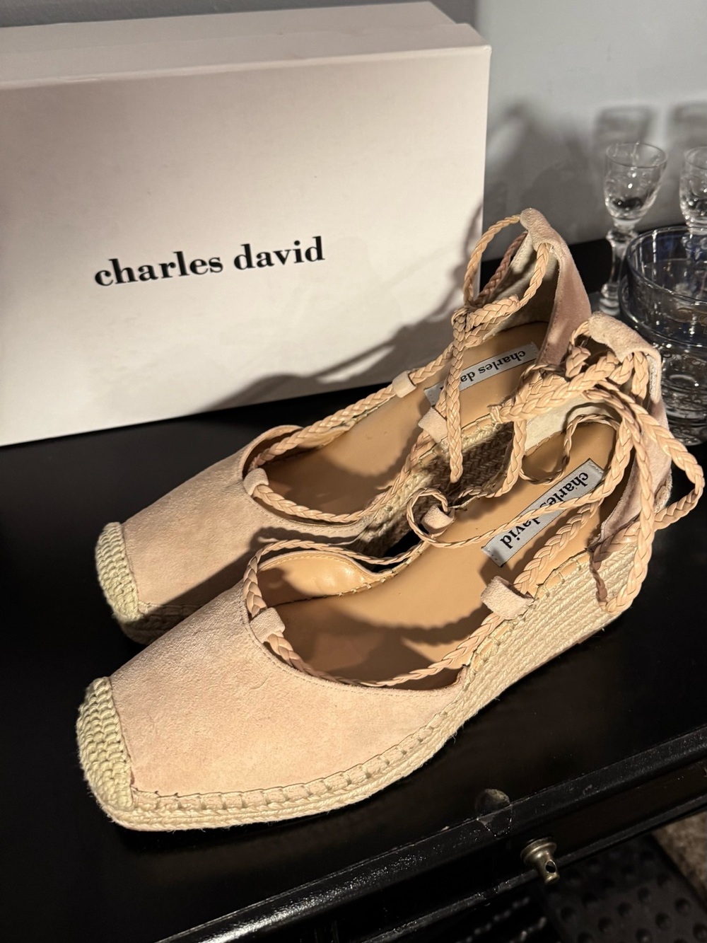 Charles David Tan Suede Espadrille Lace-Up Wedge Heels